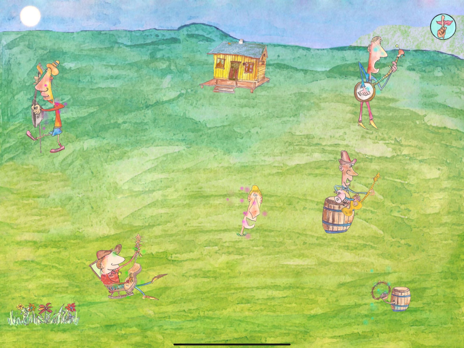 The hand-painted Country band playing together in a green landscape
