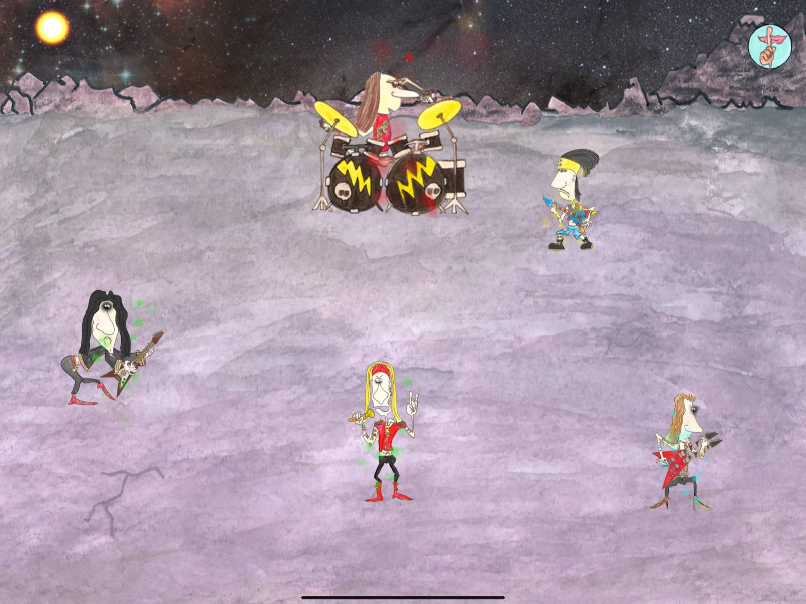 A hand-painted Heavy Metal band playing on a moon-like landscape